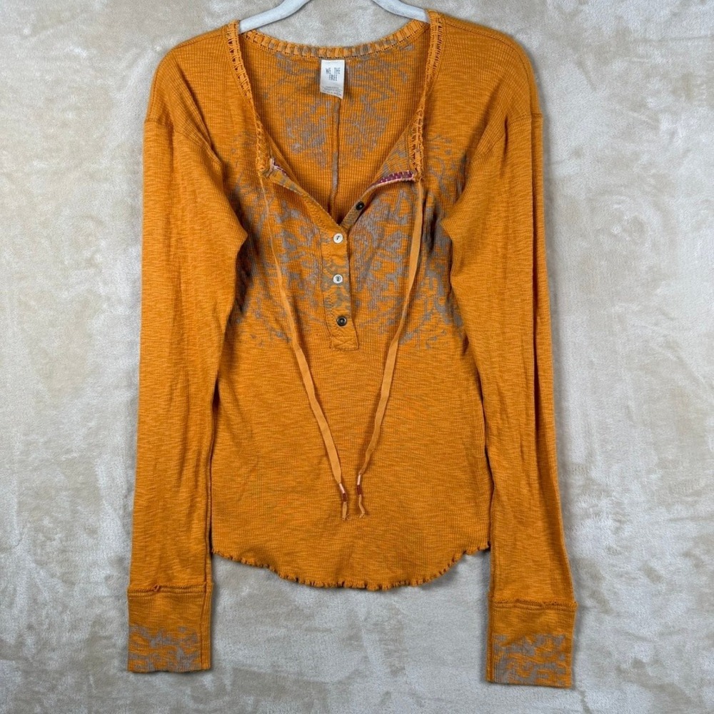 We The Free Free People Orange Waffle Knit Henley Thermal Long Sleeve Top Large